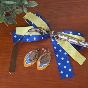 Football Fan Blue|Gold|Leather|Wood Earring And Bow